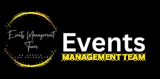 Events Management Team logo with gold circular emblem and white and yellow text on black background